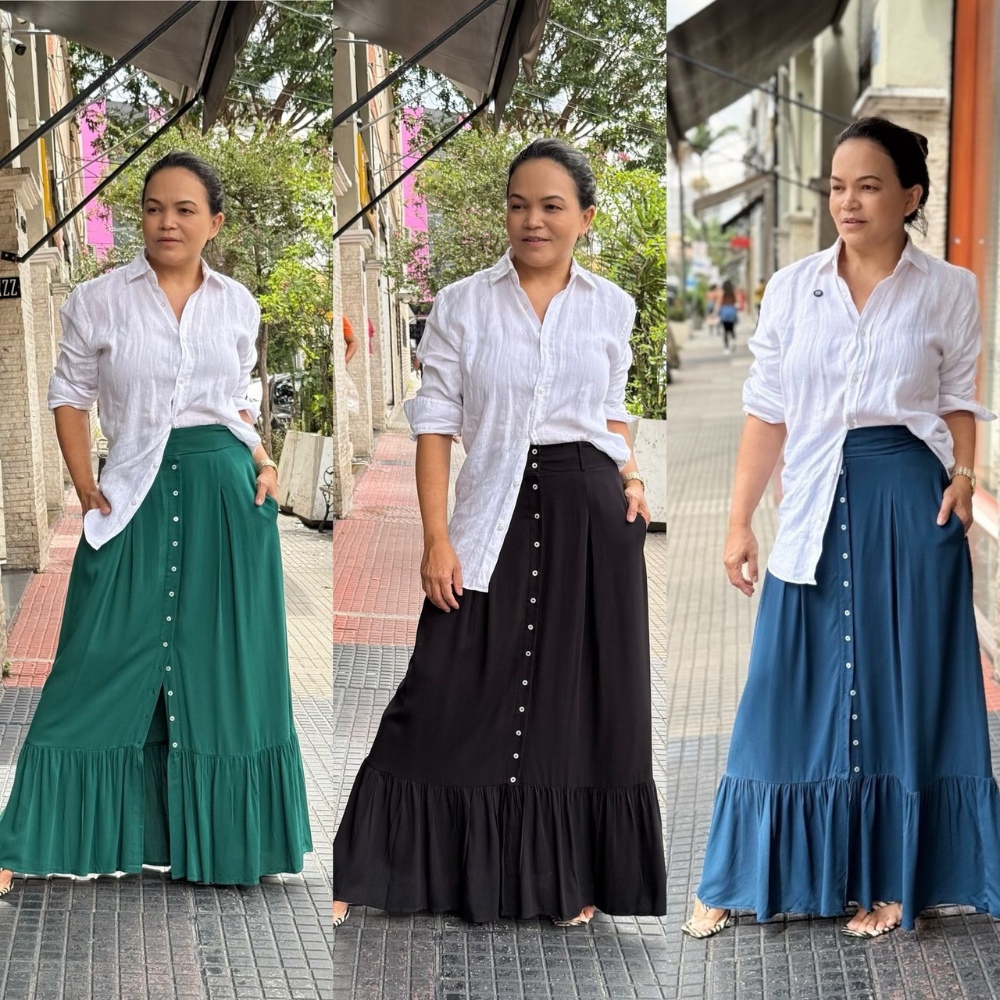 Saia Casual Feminina em Viscolinho com Bolsos