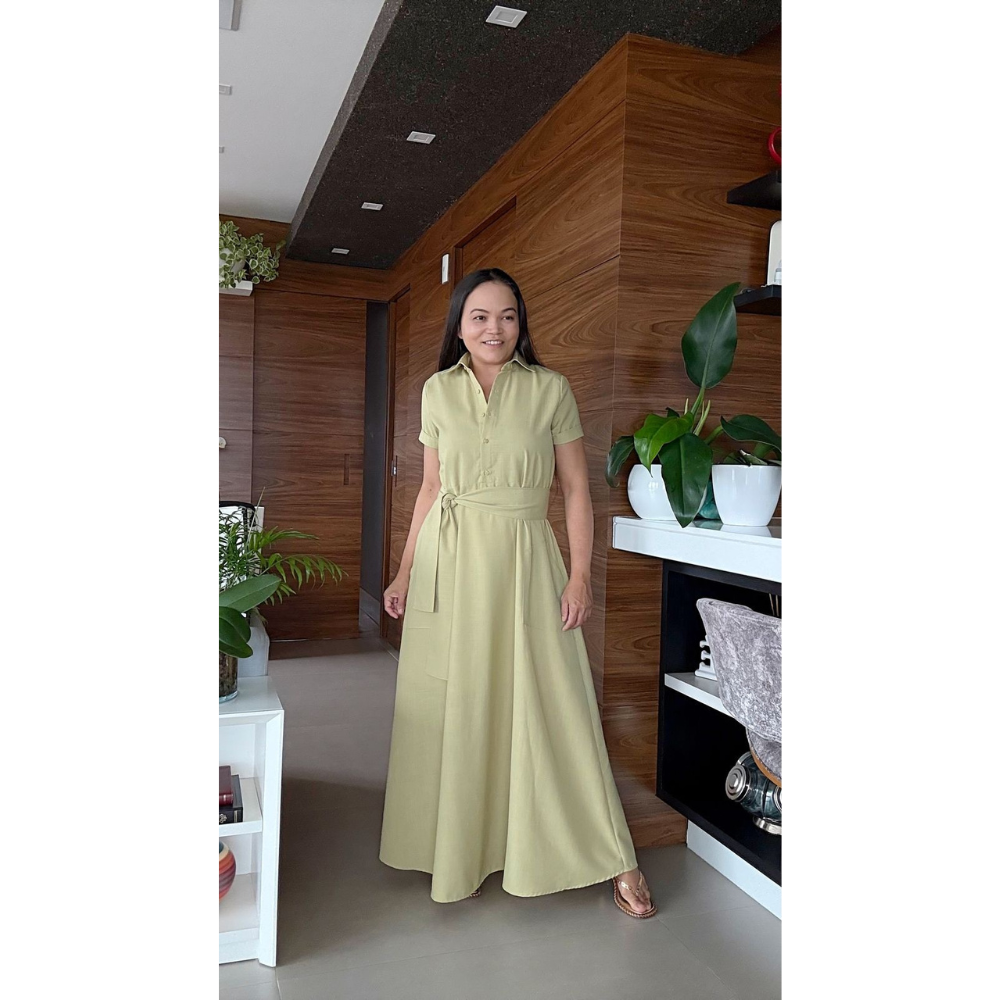 Vestido Elegante Linho de Viscose com Faixa