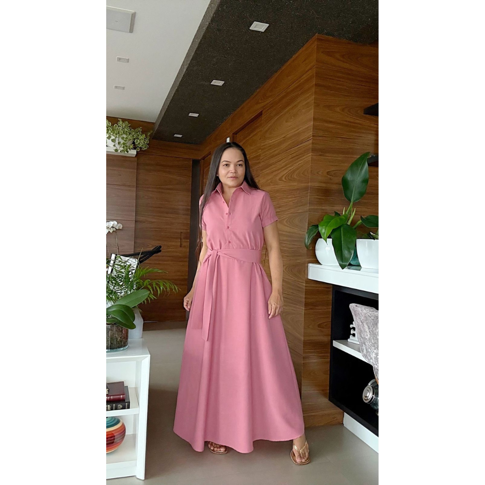 Vestido Elegante Linho de Viscose com Faixa