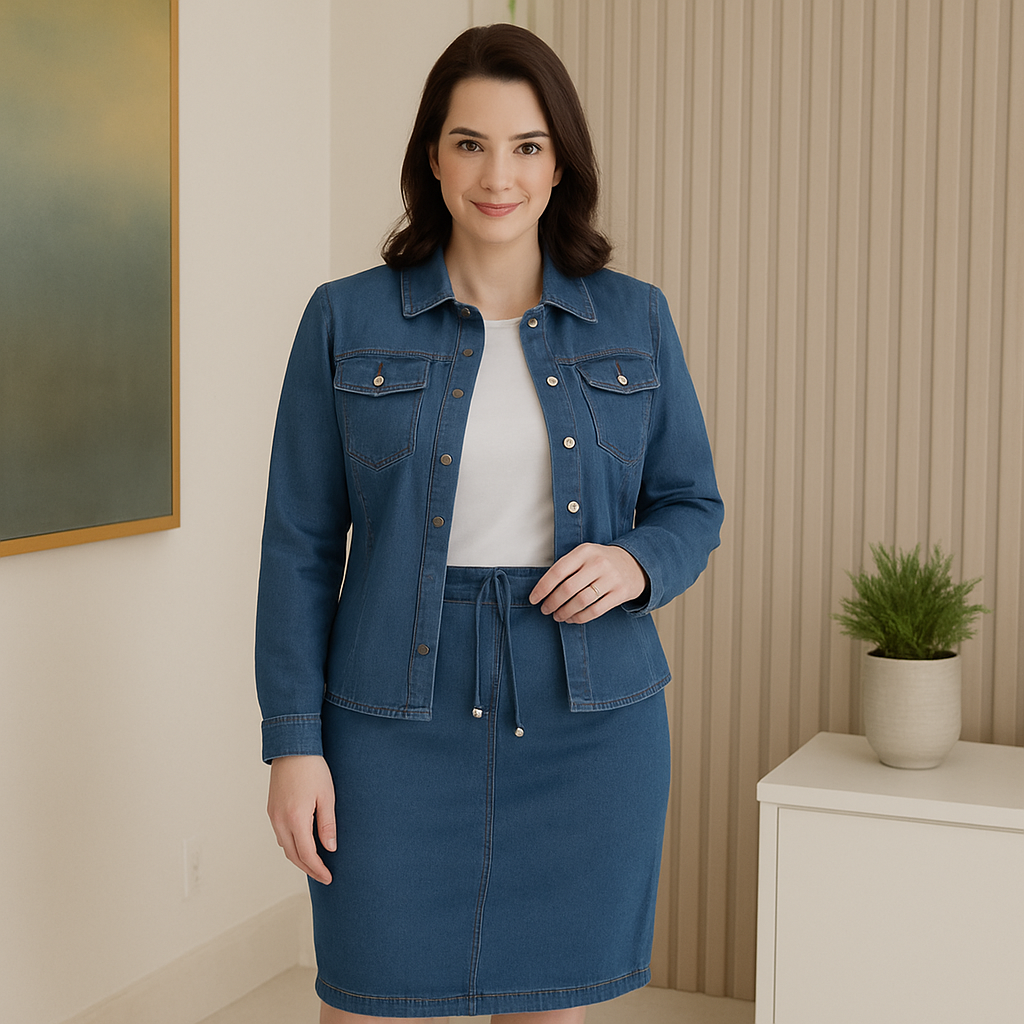 Conjunto Jeans Completo Camisa e Saia