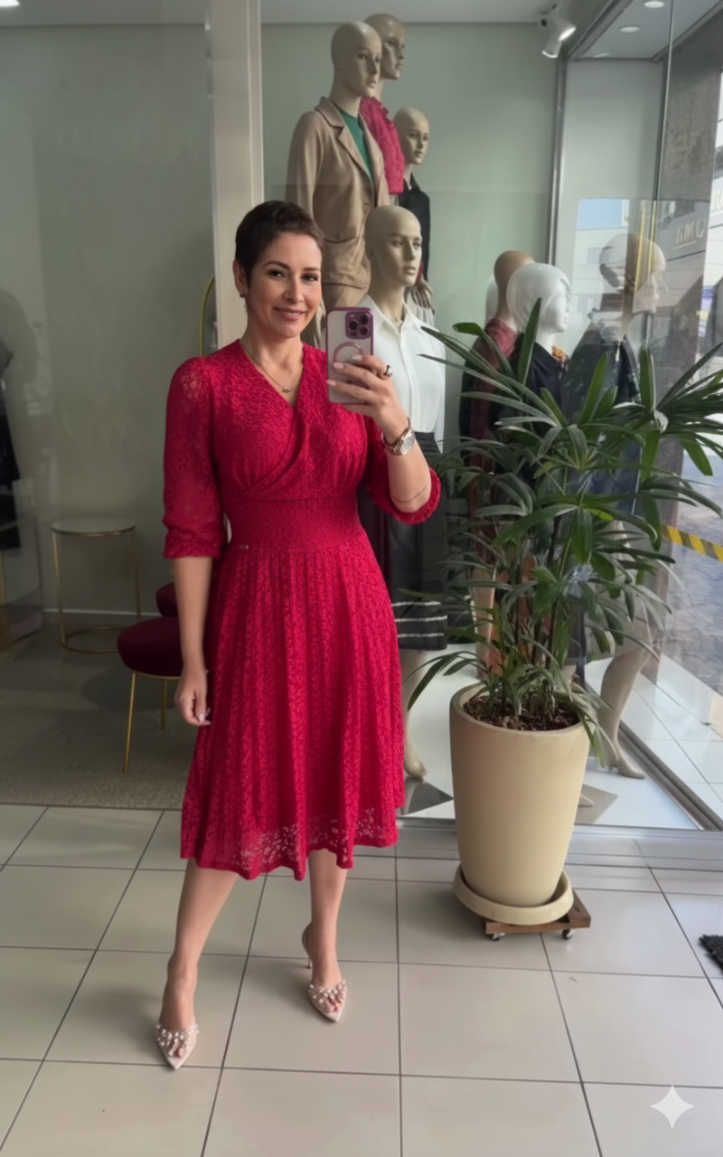 Vestido Transpassado com Saia Plissada em Renda