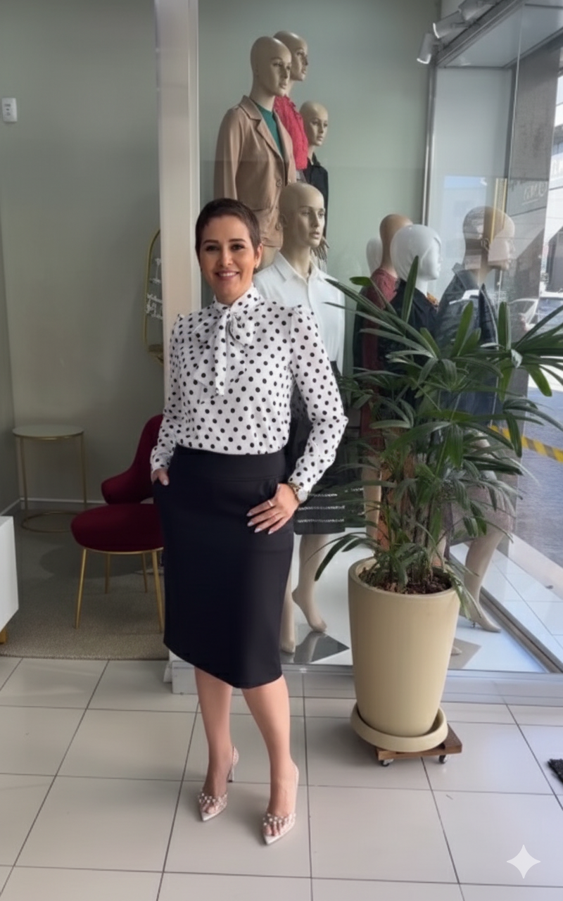Saia Alfaiataria Forrada com Bolsos + Blusa Crepe Forrada
