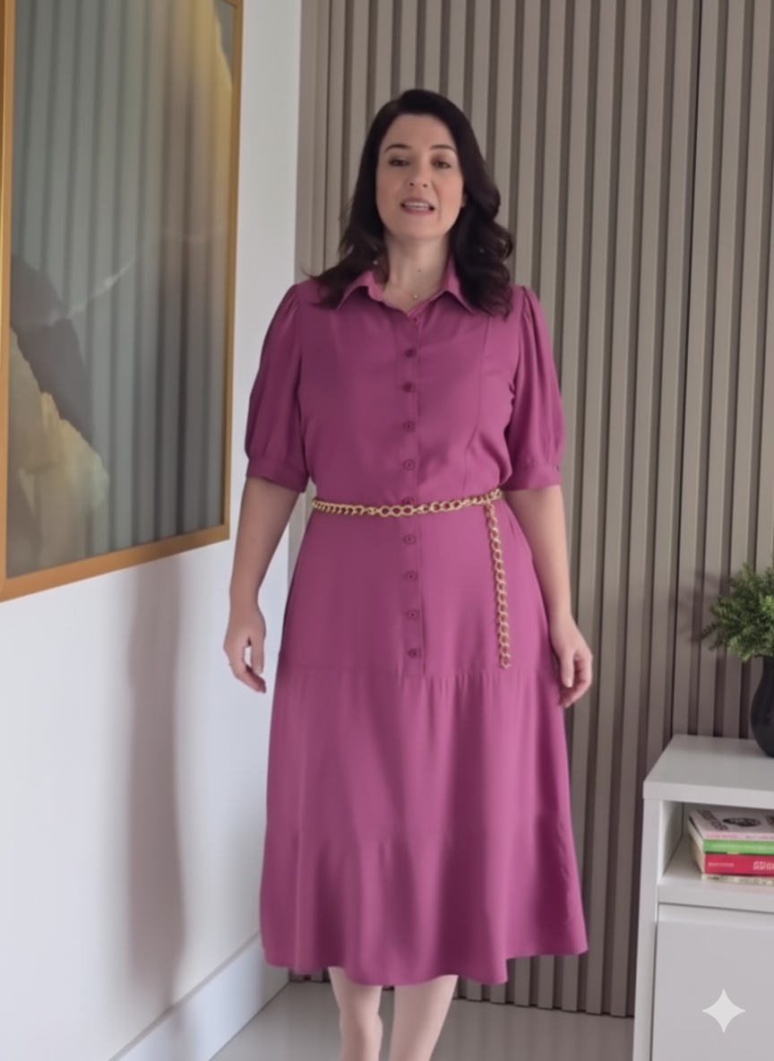 Vestido Evasê em Viscolinho com Forro e Cinto