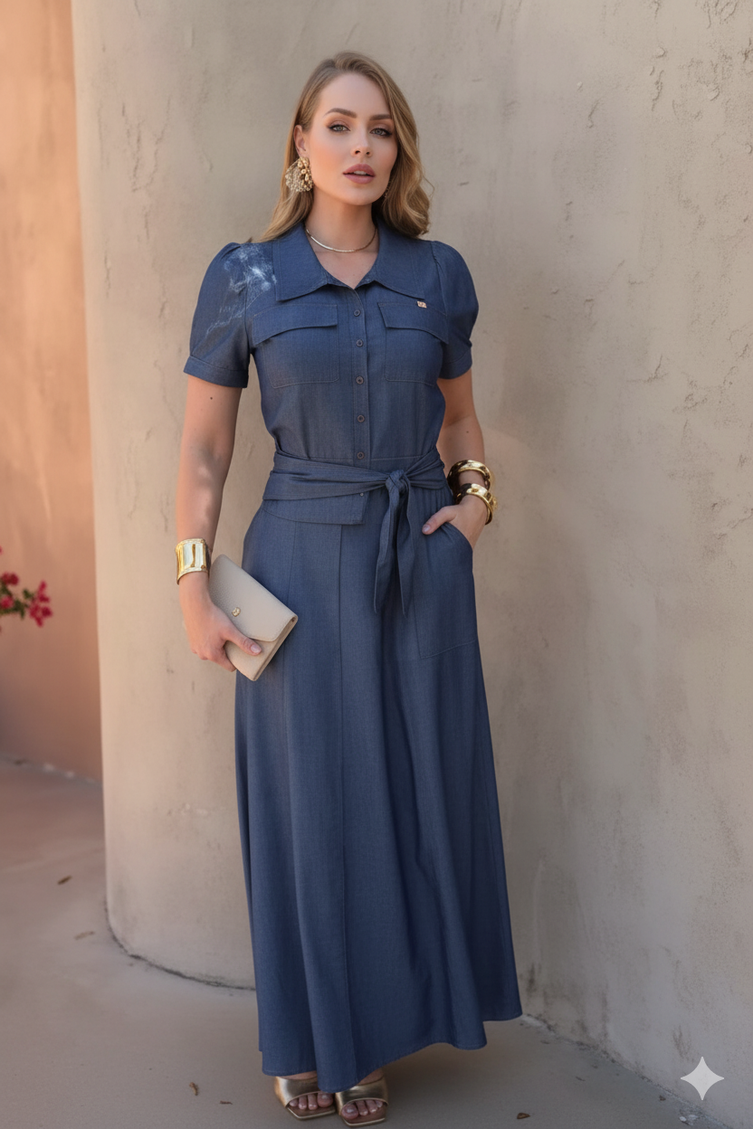 Conjunto em Denim Blusa com Botões + Saia